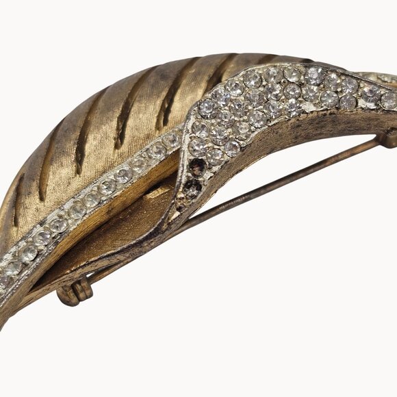 VTG Brooch Gold Tone Leaf Botanical Rhinestone Falling Tree Autumn Fall Harvest - Picture 5 of 13